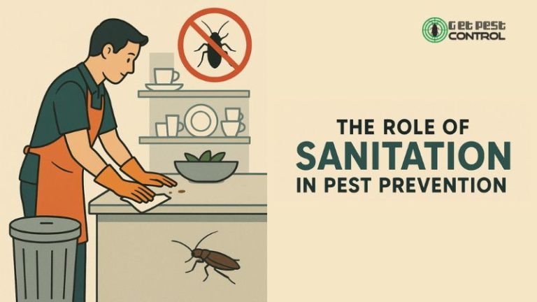 Role of sanitation in pest prevention showing clean environment, waste management, and hygiene practices to keep pests away