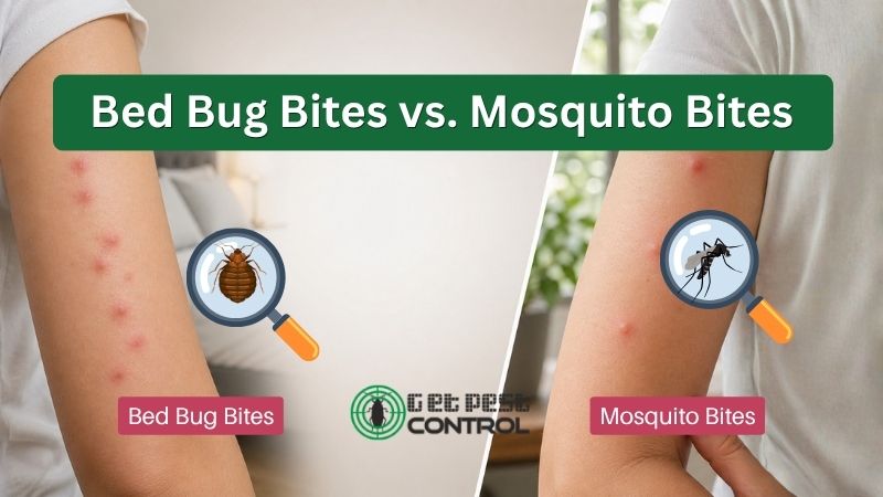Comparison image showing bed bug bites and mosquito bites on human arms, highlighting differences in bite patterns and appearance.